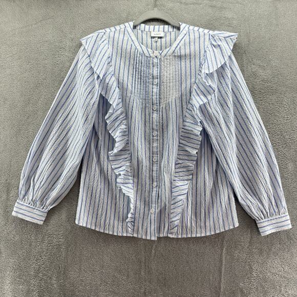TheGET Top Womens S White Blue Striped Ruffle Button Up Crew Neck Preppy Career - Picture 1 of 12